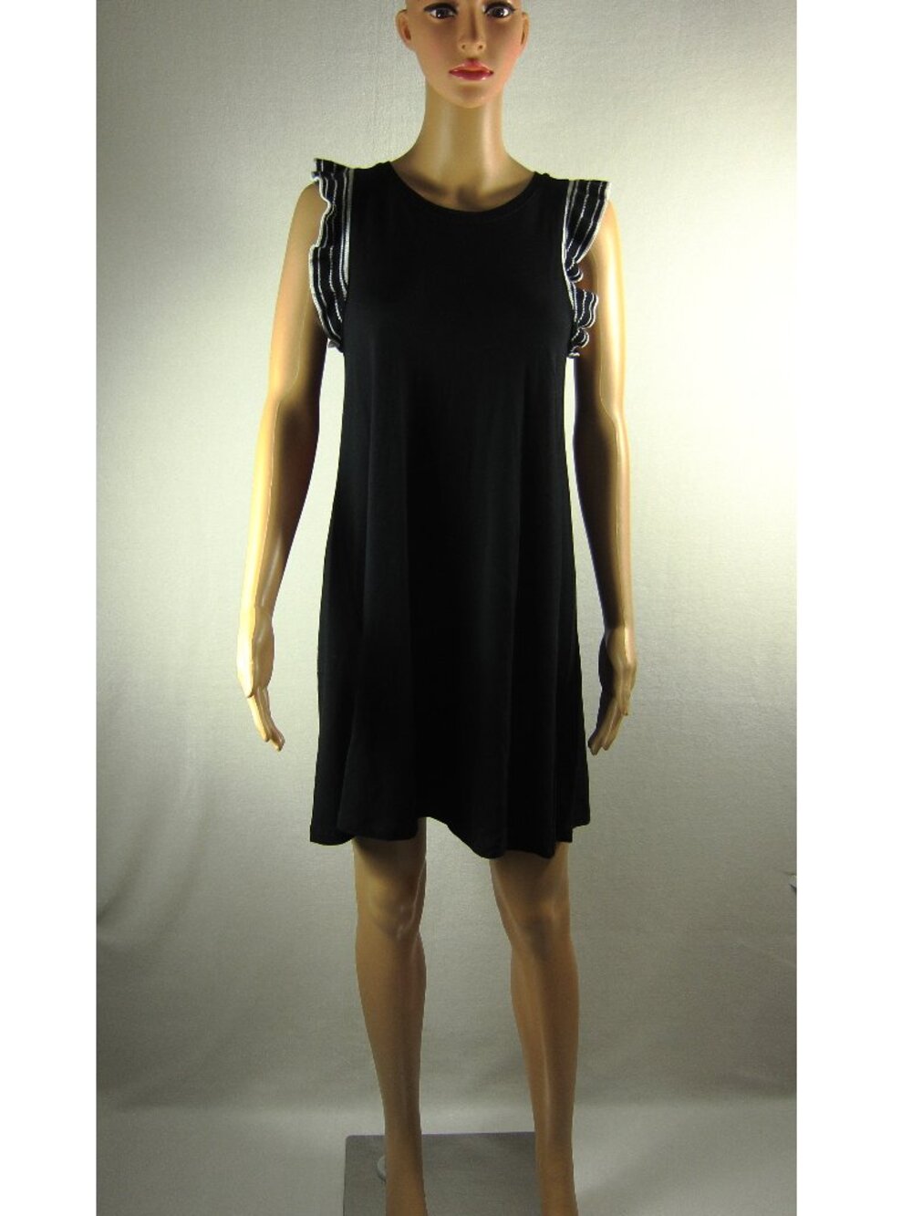 LOFT Black Rayon Jersey ALine Dress Cotton Crochet Flutter Sleeve Crew Neck Sz S